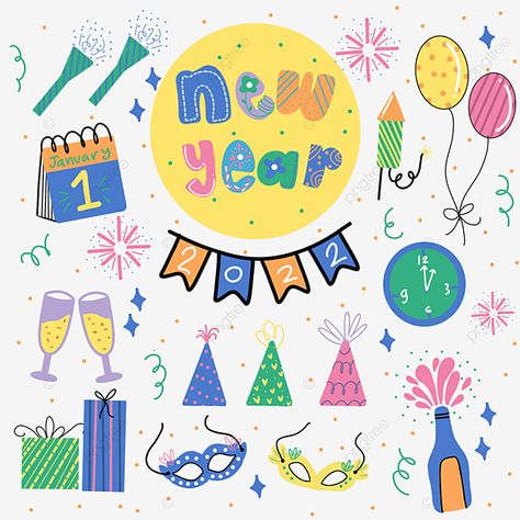 การ์ด Happy New Year, Happy New Year Illustration Design, Happy New Year Doodle, New Year Doodles, Happy New Year Cartoon, Drawing New Year, Happy New Year Drawing, New Years Drawing Ideas, New Year Elements