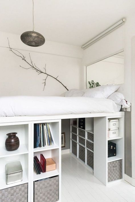 Help! How to DIY a king size loft bed? 12 Ikea Bed Hack Loft, Closet Beds Ideas, Kallax Full Size Bed, Ikea Bookshelf Bed Hack, Diy Loft In Bedroom, Storage Ideas For Small Rooms Bedroom, How To Make Space In A Small Bedroom, Small Room With Loft Bed Ideas, Bed For Small Spaces