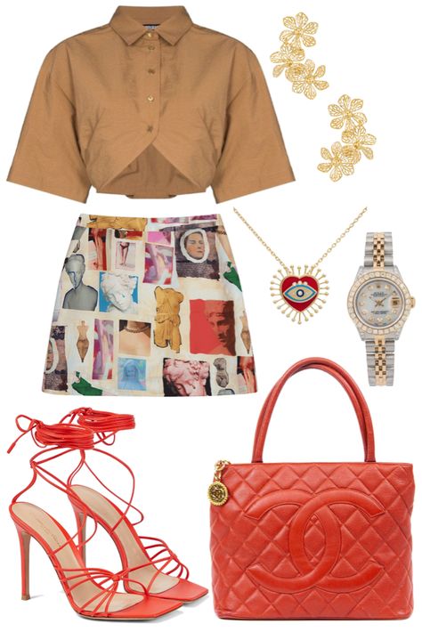 Discover outfit ideas for made with the shoplook outfit maker. How to wear ideas for Jennifer Behr Adela Earring and Mixed-Color GALEE Printed Mini Alexa Demie Red Outfit, Beauty Magazine, Outfit Maker, Date Night, Color Mixing, Fashion Outfits, How To Wear, Color