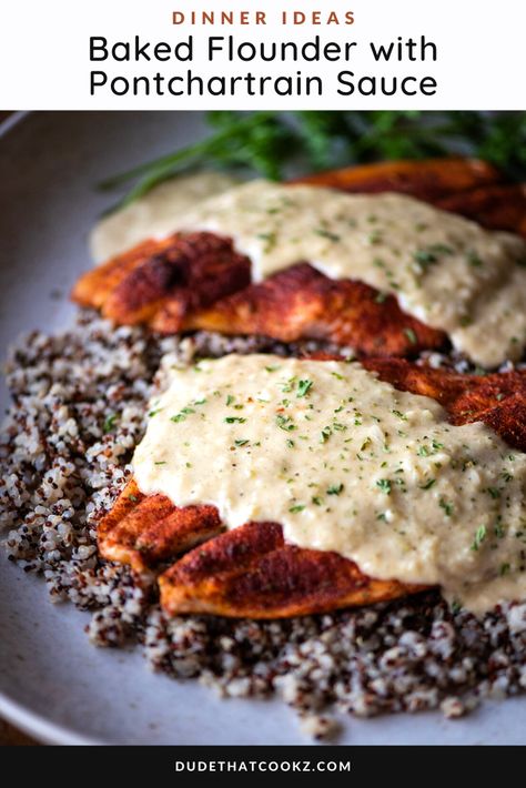 Baked Flounder with Pontchartrain Sauce pairs delicate blackened flounder with a rich, buttery Pontchartrain sauce. Served on a bed of quinoa. #pontchartrainsauce #neworleans #saucerecipes #whitewinesauce #blackenedfish #flounder #bakedflounder #bakedfish Pontchartrain Sauce, Blackened Flounder, Flounder Recipes, Cajun Spice, Fish Dinner Recipes, Parmesan Cream Sauce, Weekday Meals, Fish Dinner, Baked Fish