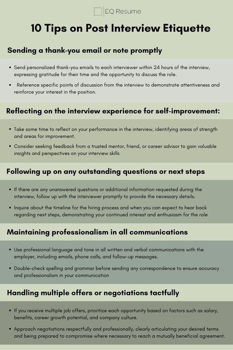 Navigate post-interview etiquette like a pro with EQ Resume! Discover 10 essential tips to leave a lasting impression after your interview. From thank-you notes to follow-up emails, we've got you covered. #postinterview #etiquette #EQResume #interviewtips #careeradvice #jobsearch #interviewprep #jobinterview #careerdevelopment #jobhunt Email After Interview, Thank You Email, Interview Prep, Job Interview Tips, Interview Preparation, Job Resume, Career Success, Interview Tips, Resume Tips