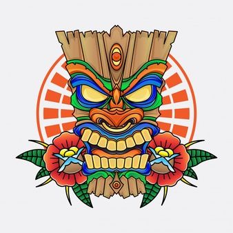 Ilusorio tiki totem hawaiano. | Vector Premium Tiki Artwork, Tiki Tattoo, Tiki Man, Tiki Bar Decor, Mask Drawing, Tiki Art, Tiki Mask, Hawaiian Art, Hawaiian Theme