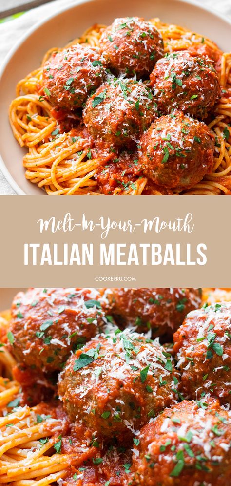 Italian meatballs served over a bowl of spaghetti Homemade Italian Meatballs, Italian Meatballs Recipe, Meatball Recipes Easy, Zuppa Toscana, Italian Meatballs, Pasta Dinner Recipes, Fettuccine Alfredo, Beef Recipes Easy, Spaghetti And Meatballs