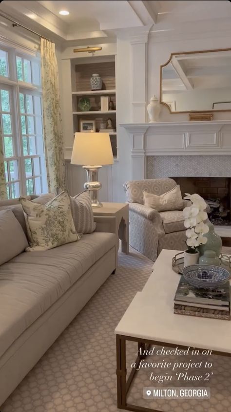 Grandmillenial Style Fireplace, Southern Preppy Home Decor, Grand Millennial Style Home, Two Couches And Two Chairs Living Room, Grand Millennial Fireplace, Southern Charm Living Room, Built In On One Side Of Fireplace, Long Family Room Layout, Grand Mellinium Decor