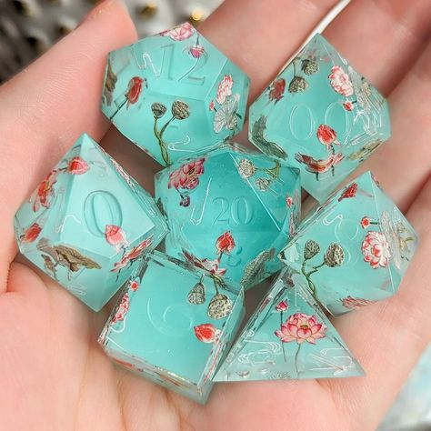 dice set • Instagram Cool Dnd Dice, Dnd Journal, Pretty Dice, Dnd Stuff, Lotus Pond, Dnd Dice, Poses Reference, Dice Set, Anime Poses Reference