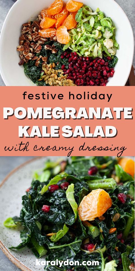 Perfect for a delicious, holiday salad recipe for the Christmas or anytime, this kale and citrus salad is studded with pomegranate seeds, satsumas, shredded Brussels sprouts, and crunchy pecans. It's tossed in a bright, tangy and creamy Greek yogurt dressing. Ready in less than 20 minutes! Kale Pecan Salad, Kale Cranberry Salad Recipes, Kale And Cranberry Salad, Holiday Kale Salad, Kale Salad Pomegranate, Purple Kale Salad, Kale Salad With Pomegranate Seeds, Kale And Pomegranate Salad, Kale Christmas Salad