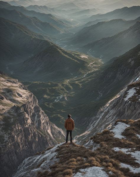 A man stands on the edge of a mountain cliff, dressed in a brown jacket and dark pants, overlooking a vast and dramatic landscape. The scene is breathtaking, with rugged mountains and deep valleys stretching out into the distance under a hazy sky. Available on Deviant Art-https://www.deviantart.com/snakesa/art/A-man-standing-on-a-mountain-cliff-1074709292 #man #ai #AI #aigenerated #aigeneratedart #3d #3dart #man #mountain #nature #sky #cliff #art Standing On A Cliff, Mountain Cliff, Cliff Art, Standing On The Edge, Rugged Mountains, Dramatic Landscape, Hiking Aesthetic, Mountain Nature, Man Standing