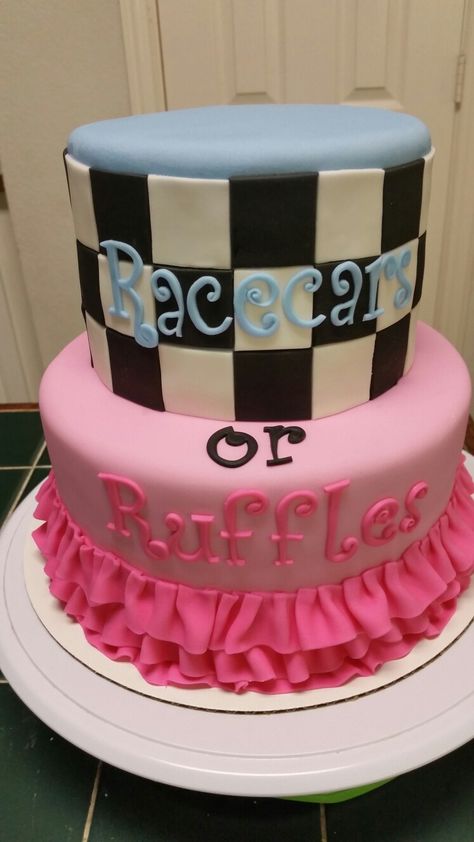 Amy's Crazy Cakes - Race Cars or Ruffles Gender Reveal Cake Gender Reveal Ideas Racecar, Gender Reveal Race Car Ideas, Gender Reveal Ideas Racing, Cars Gender Reveal Ideas, Gender Reveal Ideas With Cars, Race Car Gender Reveal, Racecar Gender Reveal, Racing Gender Reveal Ideas, Gender Reveal Ideas Car