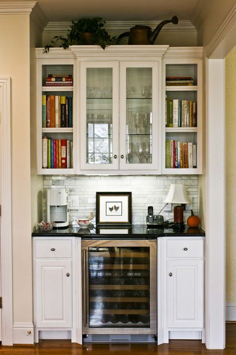 This former desk area was transformed to a beverage center.  The side walls were not deep enough for the wine cooler, so we put it in the center and angled back with fluted fillers. Kitchen Desk Area Repurpose, Kitchen Desk Area, Desk Transformation, Beverage Bars, Tuscan Kitchens, Kitchen Desk Areas, Repurposed Kitchen, Maida Vale, Coffee Area