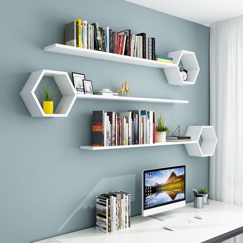 #hangingbookshelf #tallbookshelf #cubebookshelf Organize your books together, also decorate the blank wall, not a bad idea right?  like it? pin it. Wall Book Shelf With Study Table, Floating Box Shelves Books, Minimalist Wall Shelves, Wall Hanging Book Shelf Ideas, Study Shelf Ideas, Book Shelf On Wall Ideas, Book Shelf Ideas On Wall, Shelves For Books Wall, Wall Shelf Above Desk