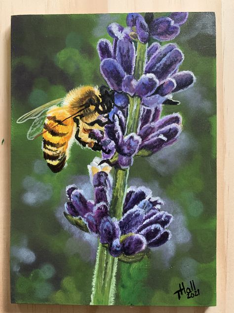 Bee Acrylic Painting, Figure Drawing Tutorial, Lavender Art, Bumble Bee Art, Acrylic Flower Painting, Soft Pastel Art, Bee Painting, Moth Art, Acrylic Painting Flowers