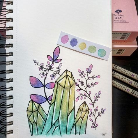 Crystals Painting Acrylic, Pagan Watercolor, Witchy Watercolor Paintings, Witch Watercolor, Watercolor Witch Art, Witch Watercolor Paintings, Watercolour Crystals, W.i.t.c.h Art, Pen Projects