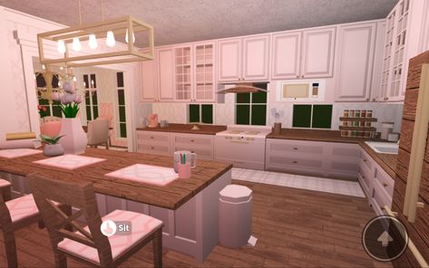 This is a blush bloxburg kitchen that me and my friend built. I hope you enjoy! Bloxburg Pink Kitchen, Blush Bloxburg Kitchen, Blush Kitchen Bloxburg, Kitchen Ideas Japanese, High Journal, Bloxburg Kitchen Ideas, Royale High Journal Ideas, Pink Kitchen Decor, Blocksburg Room Ideas￼