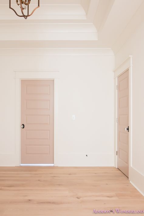 Our Kid's Playroom Space Reveal! - Addison's Wonderland Light Pink Trim White Walls, Sherwin Williams Doeskin Paint, Malted Pink Sherwin Williams, Pale Pink Door, Sw Doeskin, Pink Closet Doors, Pink Trim White Walls, Pink Interior Door, Doeskin Sherwin Williams Paint