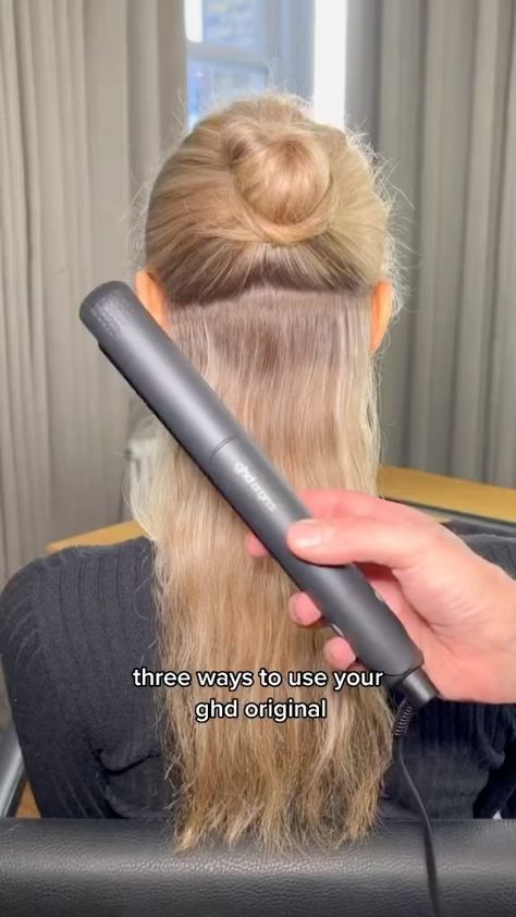 ghd hair’s Instagram post: “3 ways our #ghdoriginal styler is more than just a straightener 🖤 Shop yours now @nordstrom 🛍 #ghdusa @nordstrombeauty…” Hair Straightener Curls Beach Waves, Ghd Curling Iron, Easy Ways To Curl Hair With Straightener, Soft Curls With Straightener, Waves With Straightener, Hair Straightener Waves, Ghd Curls, Wavy Hair With Straightener, Straightener Curls