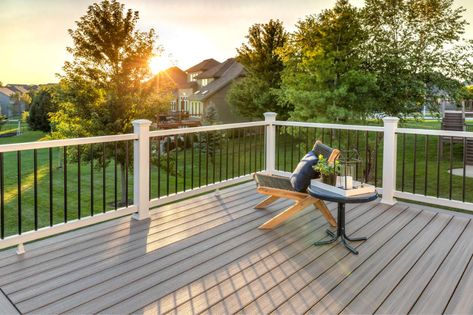 Backyard Deck Ideas from Kansas City, MO | Trex Trex Patio, Trex Enhance, Trex Composite Decking, Deck Stair Railing, Deck Cost, Patio Railing, Composite Decking Boards, Deck Colors, Composite Deck