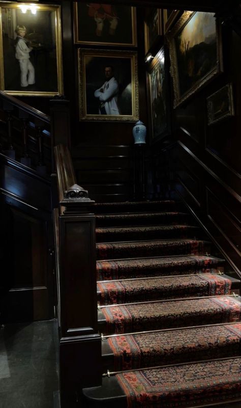 Dark Academia House Interior, Gothic Staircase, Victorian Basement, Victorian Entryway, Dark Academia House, Victorian Gothic House, Academia House, Dark Staircase, Manor House Interior