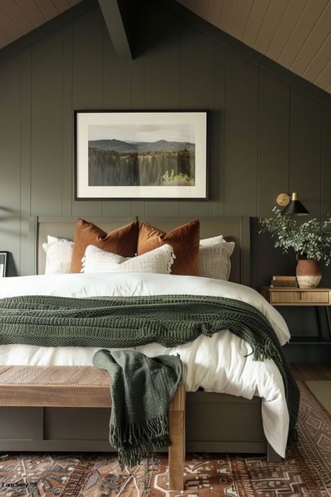 Earthy Home Decor Bedroom, Mountain Cabin Aesthetic Bedroom, Organic Cottage Decor, Home Decor Earthy, Green And Rust Bedroom, Earthy Cozy Bedroom, Color Drenched Bedroom, Earthy Modern Home, Green And Brown Bedroom