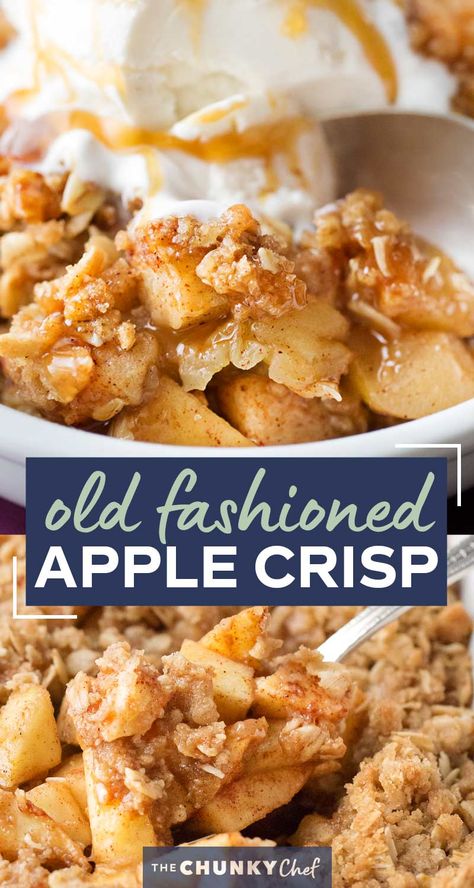 Old Fashioned Easy Apple Crisp | Chopped apples, cinnamon, brown sugar, and the best crispy oat topping, baked into the ultimate Fall dessert! Top with a scoop of ice cream and salted caramel for the perfect treat! #applecrisp #oats #dessert #apples #fromscratch #easyrecipe Old Fashioned Apple Crisp, Best Apple Crisp Recipe, Easy Apple Crisp, Best Apple Crisp, Easy Apple Crisp Recipe, Scoop Of Ice Cream, Apple Crisp Easy, Apple Recipes Easy, Apple Dessert Recipes