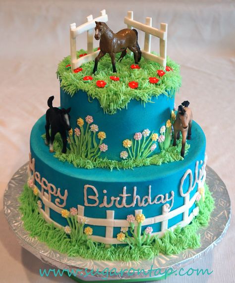 Garden not horses VBC frosting, over Rainbow WASC. Fondant fence accents and the horses were supplied by the client. TFL. Horse Birthday Cakes, Horse Theme Birthday Party, Cake Children, Horse Cakes, Horse Birthday Cake, Cakes Christmas, Holiday Quote, Horse Birthday Parties, Pony Cake