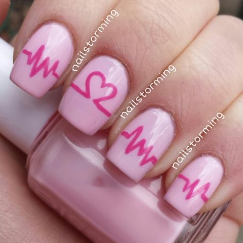 EKG Heart – Nailstorming Plain Pink Nails, Heart Tutorial, Minimal Nails Art, Minimal Nails, Valentine's Day Nails, Stiletto Nails, Essie, Nails Art, Pink Nails