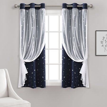 "This insulated blackout window curtain set will stand-out in your child's bedroom with their delightful night sky inspired designs. Each panel is adorned with various little metallic print stars and layered with a sheer curtain fabric. The sheer overlay is sewn to the top of blackout panels so you can easily create multiple looks with this one set. With the included sheer tie backs you can simply style four classic curtain looks. Use these panels in an intergalactic nursery theme, or in a child Affordable Curtains, Sky Nursery, Blackout Panels, White Sheer Curtains, Lush Decor, Star Nursery, Blackout Windows, Sheer Curtain, Grommet Curtains