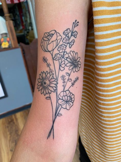 Flower bouquet tattoo Hand Drawn Flower Bouquet Tattoo, Flower Bouquet Tattoo Drawn By Family, 6 Flower Bouquet Tattoo, I Can Buy Myself Flowers Tattoo, Bouquet Tattoo Placement, Find Someone Who Grows Flowers Tattoo, Flower Boquettes Tattoos, Bunch Of Flowers Tattoo, Rose Bouquet Tattoo