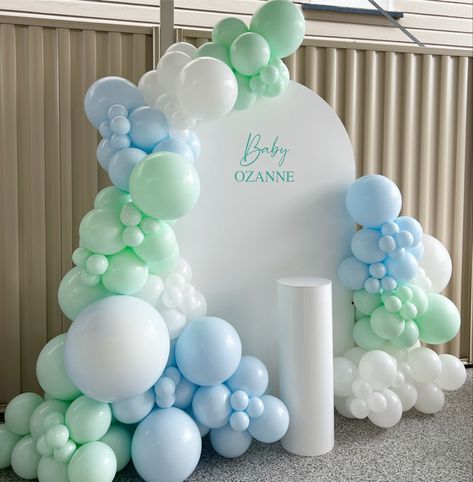 Blue Pastel Birthday Party Decorations, Light Blue And Green Balloon Garland, Blue And Green Balloons Decoration, Pastel Blue Balloons, Balloons On Arch, Blue And Green Balloon Garland, Blue And Green Balloons, Christening Balloons, Baby Boy Balloons