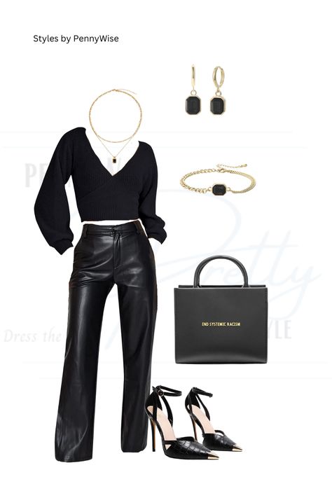 SWIPE FOR LINKS TO THE LOOK!!

Black straight leg faux leather high waist pants
ESR TOTE by Brandon Blackwood in Black Apple Leather & Gold Letters
Black Cut Out Heel Metal Toe Court Shoe Pretty Little Thing
Black on/off the shoulder long sleeve sweater
Black stone and yellow gold jewelry accessories Leather Pants For Women, Brandon Blackwood, Fancy Dress Code, Apple Leather, Gold Outfit, Streetwear Pants, Court Shoe, Black Apple, 90s Streetwear