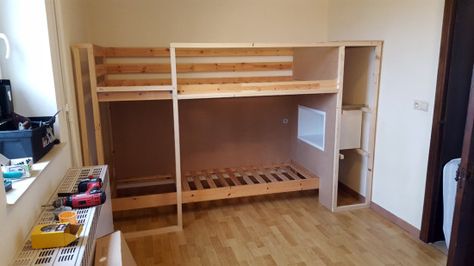 Assemble the bunk bed Mydal Bunk Bed Hack Loft, Ikea Mydal Bunk Bed Painted, Ikea Bunk Bed Hack Mydal, Ikea Mydal Bunk Bed Hack, Ikea Bunk Bed Mattress, Flexa Bunk Bed Kid Bedrooms, Ikea Mydal, Bunk Bed Hacks, Kids Rooms Diy