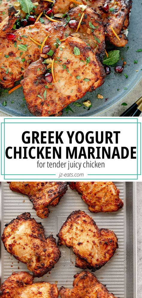 Curry Greek Yogurt Chicken, Plain Yogurt Chicken Marinade, Clean Chicken Marinade, Spicy Greek Chicken, Chicken Marinade Yogurt Recipes, Medeteranian Chicken Marinade, Greek Bbq Chicken, Spiced Yogurt Chicken, Greek Yogurt Turmeric Chicken