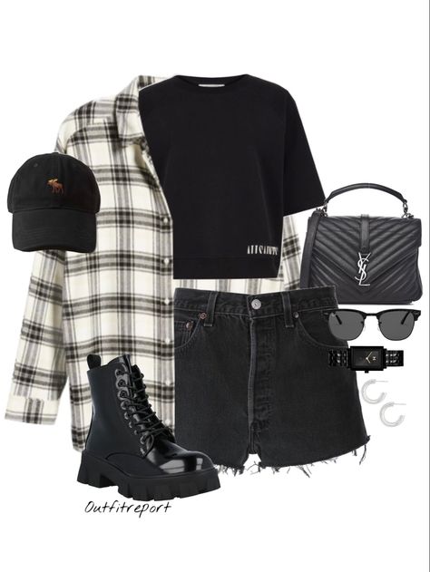 Outfits With Black Denim Shorts, Black Ripped Shorts Outfit, Flannel Outfits Shorts, Oversized Shirt And Shorts Outfit, Black Shorts Outfit Ideas, Shorts And Flannel Outfit, Ripped Denim Shorts Outfit, Ripped Shorts Outfit, Black Flannel Outfit