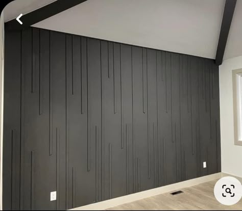 Linear Accent Wall, Black Modern Accent Wall, Tripai Design, Half Wood Slat Wall, Dimensional Accent Wall Bedroom, Black Accent Wall With Windows, Accent Wall With Doorway, Feature Wall With Window, Vertical Accent Wall