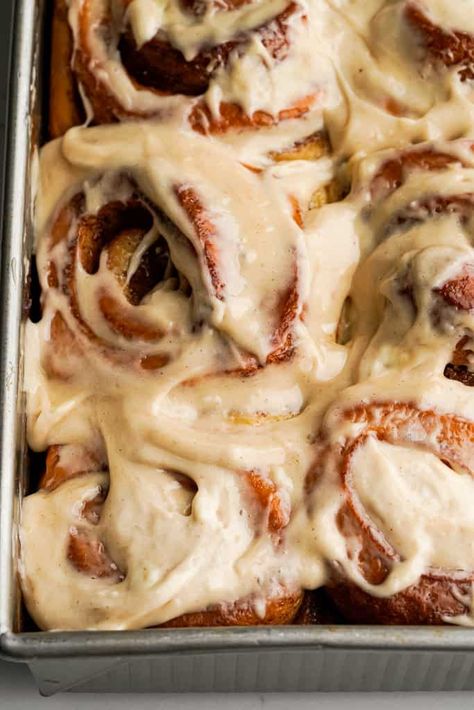 Cinnamon Rolls with Heavy Cream - Whisper of Yum Brown Sugar Frosting For Cinnamon Rolls, Whisper Of Yum Cinnamon Rolls, Brown Sugar Icing For Cinnamon Rolls, Cinnamon Rolls With Brown Butter Frosting, Cinnamon Rolls With Brown Butter Icing, Browned Butter Cinnamon Rolls, Brown Butter Cinnamon Rolls, Cinnamon Roll Frosting Recipe, Frosted Cinnamon Rolls