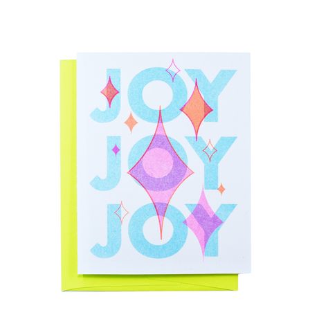 "Spread joy during the holidays with this retro looking Christmas card. Printed on eco-friendly Risograph with vegetable based inks. Interior: Blank Size: A2 - 4.25\" x 5.5\" Paper: 100lb Card Stock - White Cover Smooth - FSC® certified Envelope: A2 Lime Green Ink: Vegetable and Soy risograph soy ink Origin: Handmade in the USA 🇺🇸" Joy Holiday Card, Holiday Graphics, Christmas Typography, Card Inspo, Holiday Design Card, Retro Holiday, Risograph Print, Card Crafts, Xmas Card