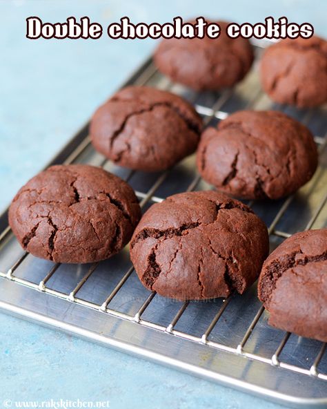 Eggless double chocolate cookies recipe - Raks Kitchen Caramel Chip Cookies, Eggless Chocolate Cookies, Double Chocolate Chip Cookie, Double Chocolate Cookies Recipe, Eggless Cookie Recipes, Eggless Cookies, Eggless Recipes, Double Chocolate Cookies, Cookie Business