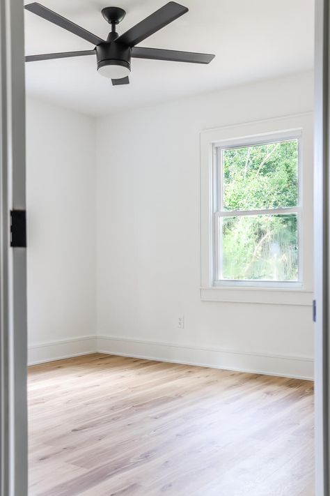 Light Flooring White Walls, White Walls And Wood Floors, White Walls Wood Floors Bedroom, White Wall White Trim Combo, Light Floor White Walls, White Walls With Light Wood Floors, White Walls Oak Floors, Sherwin Williams Pure White Bedroom, White Walls White Trim Living Rooms