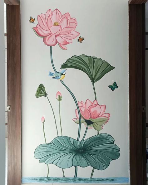 lotus wall painting +91 9428940135 Lotus Wall Painting Ideas, Lotus Flower Wall Painting, Wall Painting Ideas For Balcony, Lotus Painting On Wall, Lotus Wall Painting, Mix Medium Art, Janmashtami Painting, Lotus Mural, Wall Painting Flowers