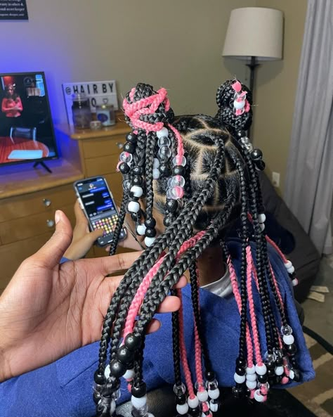 Black And Pink Braids Peekaboo, Pink And Black Short Knotless Braids With Beads, Pink Peekaboo Braids With Beads, Pink And Black Knotless With Beads, Black Braids With Pink Beads, Short Knotless Braids, African Braids Hairstyles Pictures, Short Dreadlocks Styles, Black Kids Braids Hairstyles