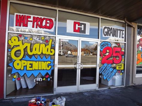 Whimsical Window Painting: Half-Priced Granite Grand Opening Window Paint, Window Paintings, Window Markers, Window Mural, Paint Font, Traditional Windows, Sale Windows, Square Sink, Balloon Shop