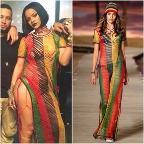 Rihanna work  ANTI Spring 2016 Tommy Hilfiger Bikini And Round Crochet Short Sleeve Cover Up Dress Rasta Dress, Rihanna Work, Rihanna Dress, Looks Rihanna, Mode Rihanna, Rihanna Outfits, Fishnet Dress, Rihanna Style, Mesh Maxi Dress