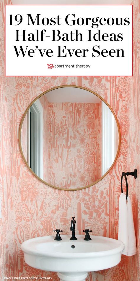 Wall Papered Powder Room, Half Baths Ideas Powder Rooms, Small Bathroom Decor Wallpaper, Powder Bath Wall Decor, Half Bath Inspiration Wallpaper, Cool Half Bathroom Ideas, Wallpaper For Small Bathroom Half Baths, Wallpaper Ideas For Small Bathroom, Wallpaper For A Small Bathroom