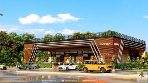 Cafe Elevation Exterior, Japanese Commercial Building, Roadside Restaurant Design, Restaurant Elevation Design Architecture, Supermarket Design Architecture, Supermarket Design Exterior, Restaurant Exterior Design Ideas, Restaurant Exterior Design Modern, Restaurant Facade Design Architecture