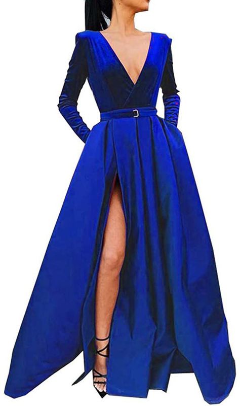 Gown Long Sleeve, Velvet Prom Dress, Prom Dresses With Pockets, V Neck Prom Dresses, Custom Prom Dress, Satin Evening Dresses, Evening Dresses With Sleeves, Long Prom Gowns, Long Sleeve Prom