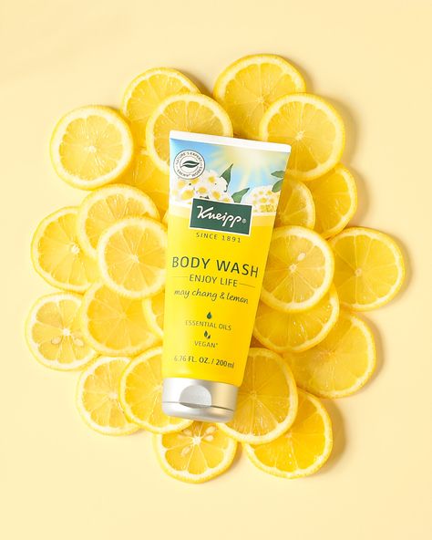 Kneipp Product Photography — LAUREN ABBAZIO Product Photography With Lemon, Drink Can Product Photography, Product Photography With Fruit, Lemon Product Photography, Body Wash Product Photography, Fruit Product Photography, Yellow Product Photography, Fruit Flatlay, Summer Product Photography