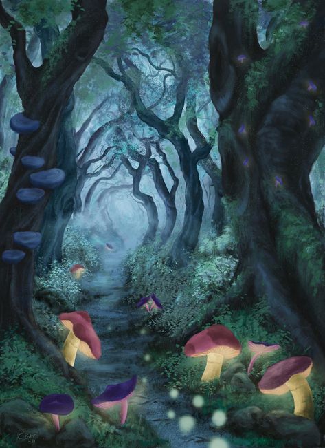 Dark misty forest path full of mushrooms Mushroom Land Painting, Gnome Forest Art, Mushroom In Forest Painting, Mystical Mushroom Forest, Mythical Forest Art, Mushroom Forest Painting Acrylic, Forest Art Reference, Mystic Forest Art, Enchanted Forest Paintings