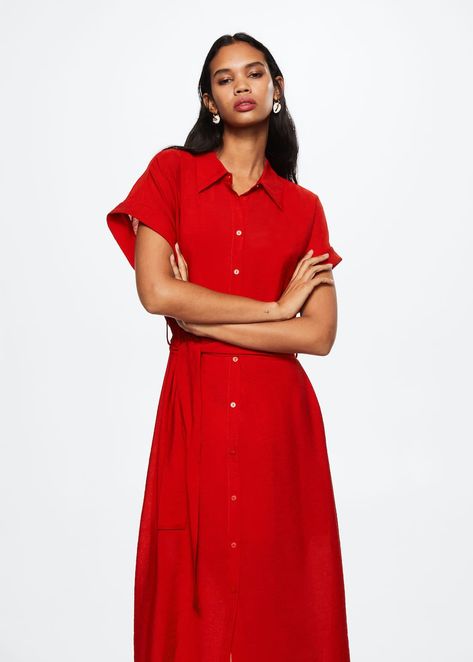 Midi Design, Belt Shirt, Red Shirt Dress, Flowy Fabric, Matching Swimwear, Belted Shirt Dress, Garment Labels, Red Shirt, Midi Dresses