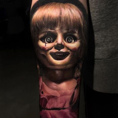 Annabelle Tattoo, Annabelle Horror, Annabelle Doll, Horror Tattoos, Horror Movie Tattoos, Doll Tattoo, Movie Tattoos, Halloween Tattoo, World Tattoo