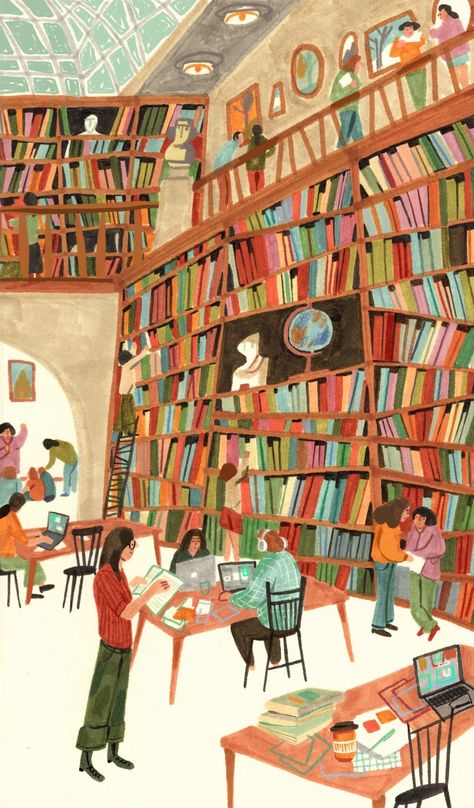 Miroslav Sasek’s This Is… Books Aesthetic Painting, Art Studio Illustration, Marketplace Illustration, School Illustration Art, Busy Illustration, Miroslav Sasek, London Library, Library Illustration, Library Artwork