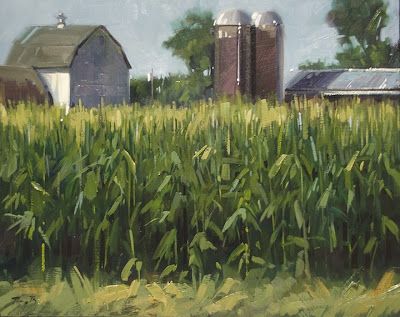 Corn Fields by Doug Braithwaite.  Follow his entertaining blog at http://dougbraithwaite.blogspot.com/2013/07/wet-paint-and-corny-everything.html Doug Braithwaite Art, Corn Field Painting Acrylic, Corn Fields Photography, Cornfield Drawing, Cornfield Painting, Corn Field Painting, Corn Field Drawing, Farm Scene Painting, Farm Drawing